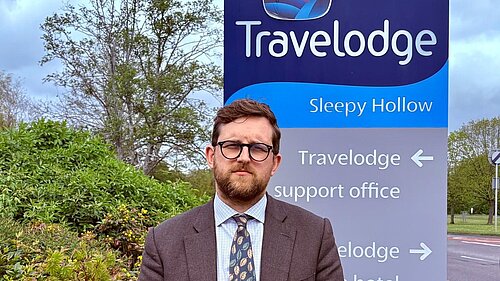 Freddie outside Travelodge HQ in Thame