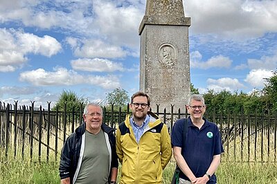 Freddie at the John Hampden Monument in Chalgrove with the Battlefield Trust
