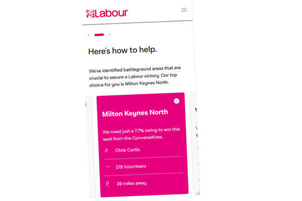 Screenshot of the Labour Party website instructing people to campaign in Milton Keynes North.