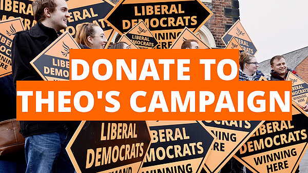 Lib dem diamond background. Text overlay reads 'donate to Theo's campaign'.