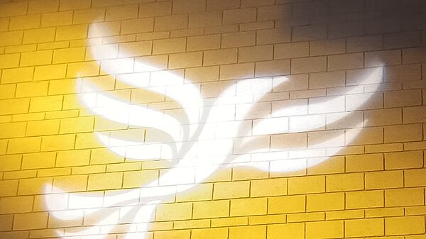 Lib Dem logo bird projected on blockwork