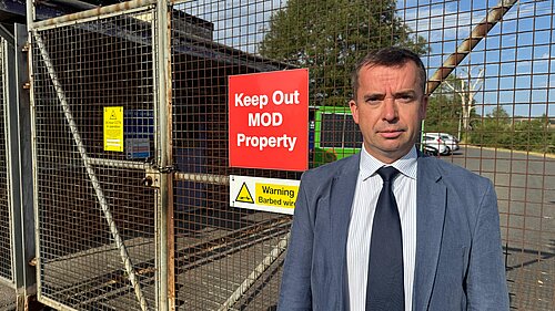 Calum Miller MP outside MOD Bicester