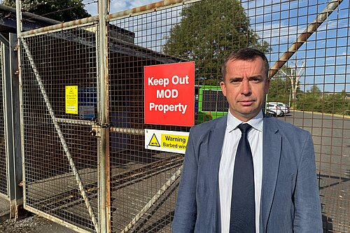Calum Miller MP outside MOD Bicester