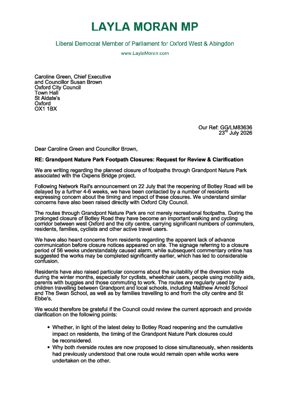 Grandpont Nature Park footpath closure 23.07.26