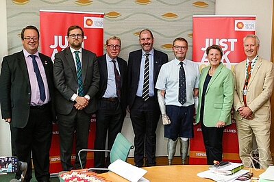 Freddie with campaigners for the Sepsis Trust in Westminster