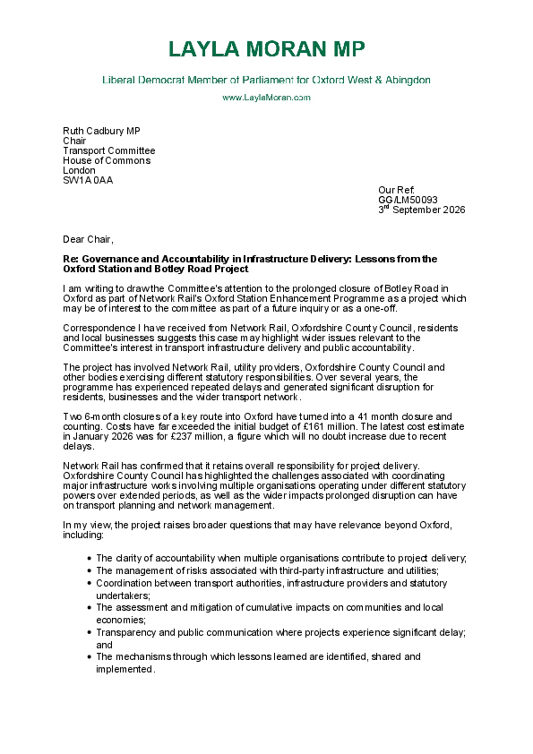 Letter to Transport Committee 03.09.2026