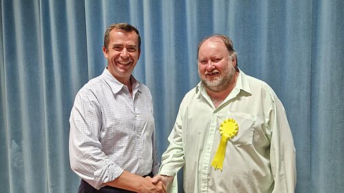 Calum Miller with Lib Dem Rob Packard at the count
