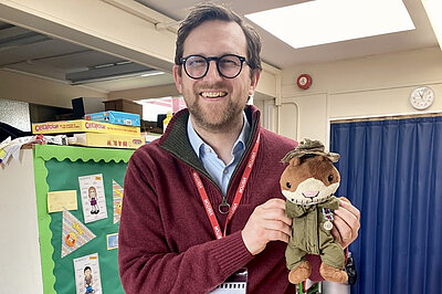 Freddie posing with George the Squirrel