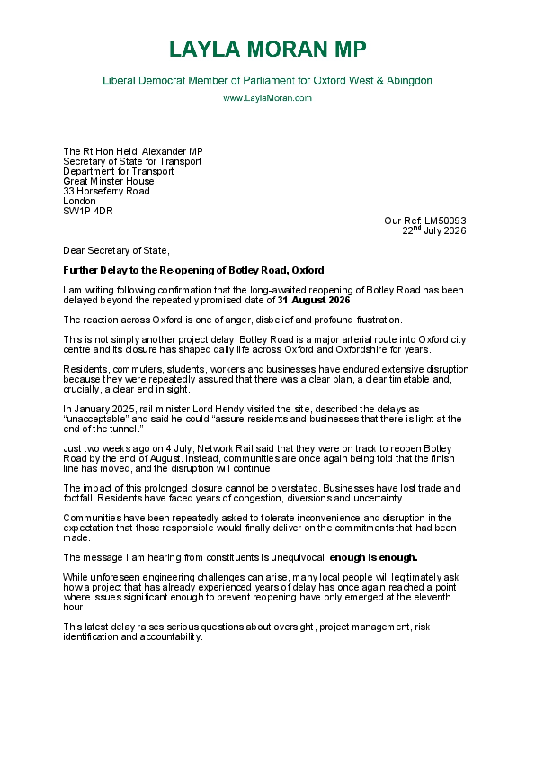 Letter to Heidi Alexander regarding Botley Road reopening delay