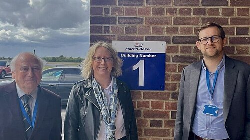 Freddie with Councillors David Turner and Judith Edwards outside Martin Baker, Chalgrove