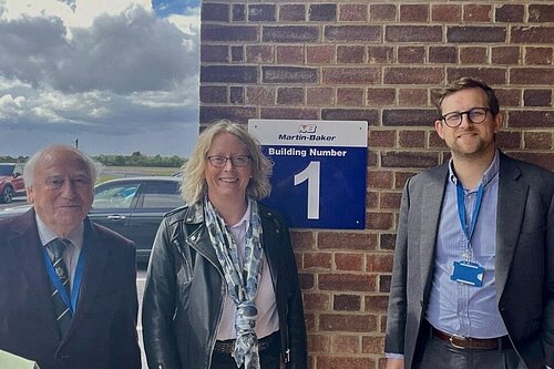 Freddie with Councillors David Turner and Judith Edwards outside Martin Baker, Chalgrove