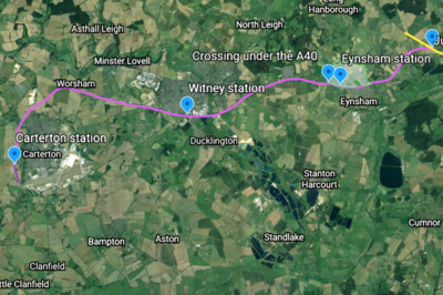 Proposed route for the new line Proposed route for a new train line on a map of West Oxfordshire