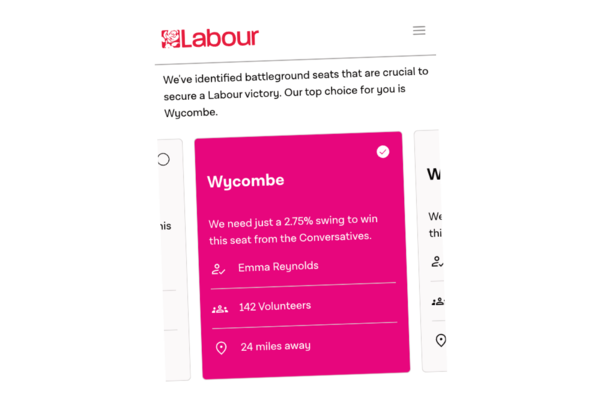 Screenshot of the Labour Party website instructing people to campaign in Wycombe.