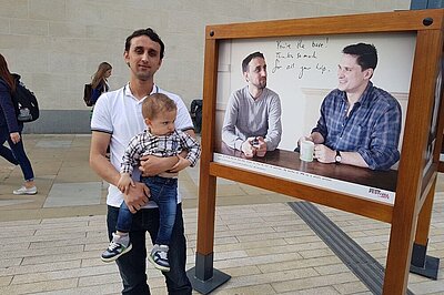 Anas and Charlie in a photography exhibition in Oxford celebrating gratefulness to refugees. Yes, my handwriting is that bad