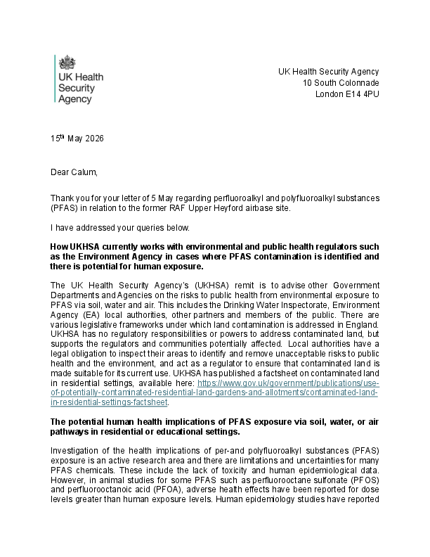 Letter from Professor Susan Hopkins PFAS